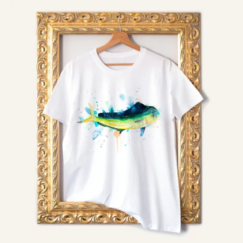 Mahi Mahi watercolor painting printed on a white cotton T-shirt by Slaveika Aladjova