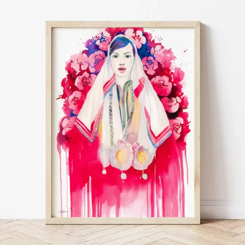 Maiden in a Festive Costume with Roses, Bulgarian Folk Costume Art Print, Limited Edition Maiden in a Festive Costume with Roses, Bulgarian folk costume watercolor painting by Slaveika Aladjova