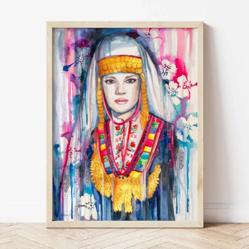 Maiden in a Festive Costume from Thrace, Bulgarian Folk Costume Art Print, Limited Edition Maiden in a Festive Costume from Thrace, Bulgarian folk costume watercolor painting by Slaveika Aladjova