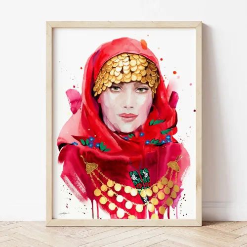 Maiden in a Folk Costume with Gold Jewelry, Bulgarian Folk Costume Art Print, Limited Edition Maiden in a Folk Costume with Gold Jewelry, Bulgarian folk costume watercolor painting by Slaveika Aladjova