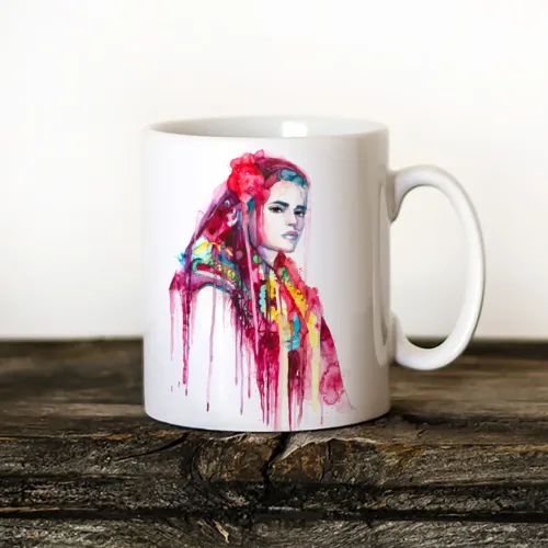 Maiden from Pirin with a Red Veil Art Mug, Watercolor Ceramic Mug 11 oz Maiden from Pirin with a Red Veil watercolor painting printed on an 11 oz ceramic art mug by Slaveika Aladjova