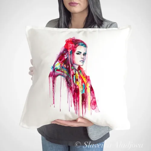 Maiden from Pirin with a Red Veil Art Pillow Cover, Watercolor Cushion 50 × 50 cm Maiden from Pirin with a Red Veil watercolor painting printed on a 50 x 50 cm cotton art pillow cover by Slaveika Aladjova