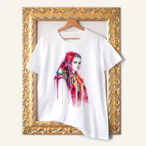 Maiden from Pirin with a Red Veil T-Shirt, Watercolor Art Tee Maiden from Pirin with a Red Veil watercolor painting printed on a white cotton T-shirt by Slaveika Aladjova