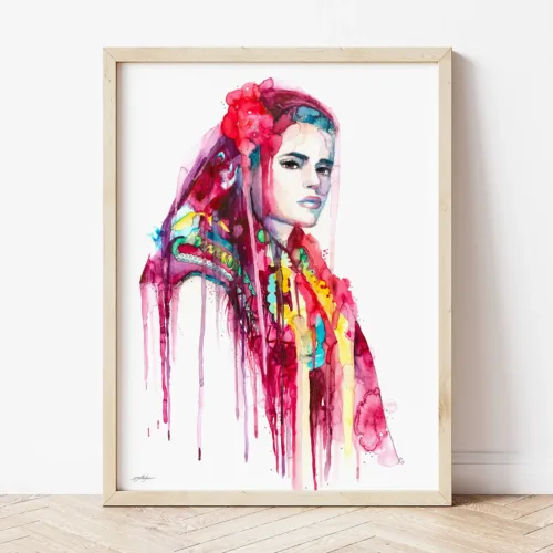 Maiden from Pirin with a Red Veil watercolor painting the artwork on the T-shirt by Slaveika Aladjova