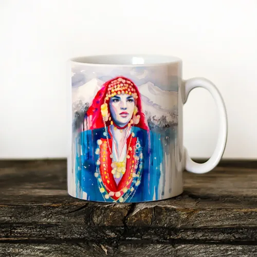 Maiden from the Pirin Mountains with Coins and a Mountain View Art Mug, Watercolor Ceramic Mug 11 oz Maiden from the Pirin Mountains with Coins and a Mountain View watercolor painting printed on an 11 oz ceramic art mug by Slaveika Aladjova