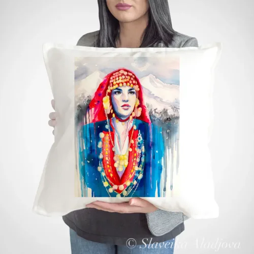 Maiden from the Pirin Mountains with Coins and a Mountain View Art Pillow Cover, Watercolor Cushion 50 × 50 cm Maiden from the Pirin Mountains with Coins and a Mountain View watercolor painting printed on a 50 x 50 cm cotton art pillow cover by Slaveika Aladjova