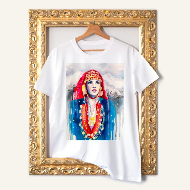 Maiden from the Pirin Mountains with Coins and a Mountain View watercolor painting printed on a white cotton T-shirt by Slaveika Aladjova