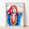 Maiden from the Pirin Mountains with Coins and a Mountain View watercolor painting the artwork on the T-shirt by Slaveika Aladjova