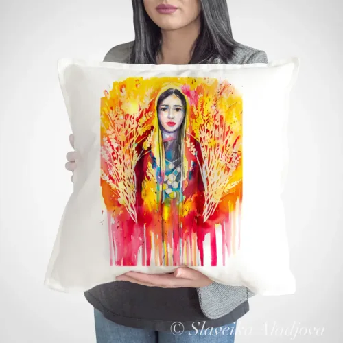 Maiden in a Costume from the Dobrudzha Region Art Pillow Cover, Watercolor Cushion 50 × 50 cm Maiden in a Costume from the Dobrudzha Region watercolor painting printed on a 50 x 50 cm cotton art pillow cover by Slaveika Aladjova