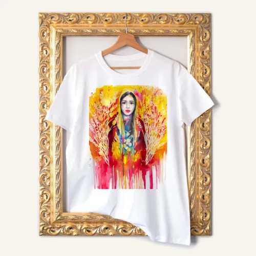 Maiden in a Costume from the Dobrudzha Region T-Shirt, Watercolor Art Tee Maiden in a Costume from the Dobrudzha Region watercolor painting printed on a white cotton T-shirt by Slaveika Aladjova