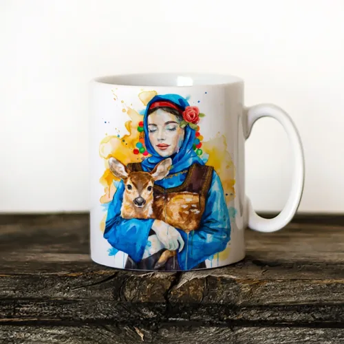 Maiden in a Costume from the Varna Region with a Roe Deer Art Mug, Watercolor Ceramic Mug 11 oz Maiden in a Costume from the Varna Region with a Roe Deer watercolor painting printed on an 11 oz ceramic art mug by Slaveika Aladjova