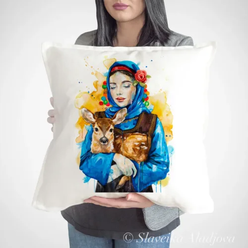 Maiden in a Costume from the Varna Region with a Roe Deer Art Pillow Cover, Watercolor Cushion 50 × 50 cm Maiden in a Costume from the Varna Region with a Roe Deer watercolor painting printed on a 50 x 50 cm cotton art pillow cover by Slaveika Aladjova