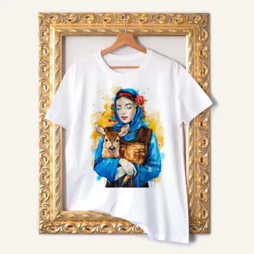 Maiden in a Costume from the Varna Region with a Roe Deer T-Shirt, Watercolor Art Tee Maiden in a Costume from the Varna Region with a Roe Deer watercolor painting printed on a white cotton T-shirt by Slaveika Aladjova