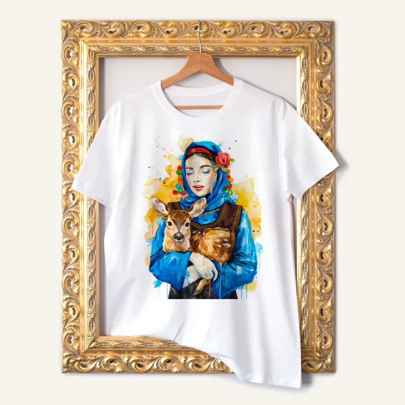 Maiden in a Costume from the Varna Region with a Roe Deer watercolor painting printed on a white cotton T-shirt by Slaveika Aladjova