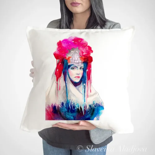 Maiden in a Festive Costume from Southeast Bulgaria Art Pillow Cover, Watercolor Cushion 50 × 50 cm Maiden in a Festive Costume from Southeast Bulgaria watercolor painting printed on a 50 x 50 cm cotton art pillow cover by Slaveika Aladjova