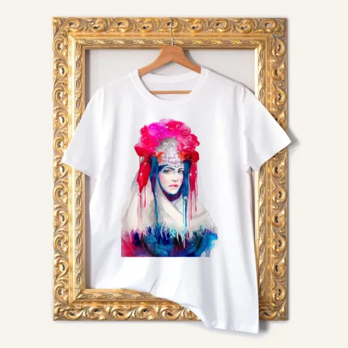 Maiden in a Festive Costume from Southeast Bulgaria T-Shirt, Watercolor Art Tee Maiden in a Festive Costume from Southeast Bulgaria watercolor painting printed on a white cotton T-shirt by Slaveika Aladjova