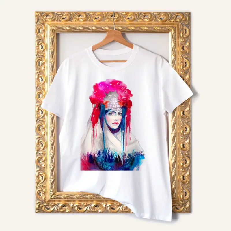 Maiden in a Festive Costume from Southeast Bulgaria watercolor painting printed on a white cotton T-shirt by Slaveika Aladjova