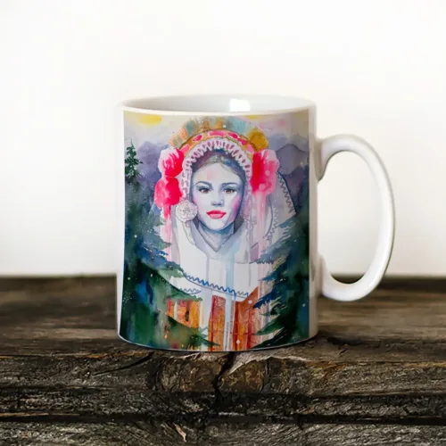 Maiden in a Festive Costume from the Pirin Region Art Mug, Watercolor Ceramic Mug 11 oz Maiden in a Festive Costume from the Pirin Region watercolor painting printed on an 11 oz ceramic art mug by Slaveika Aladjova