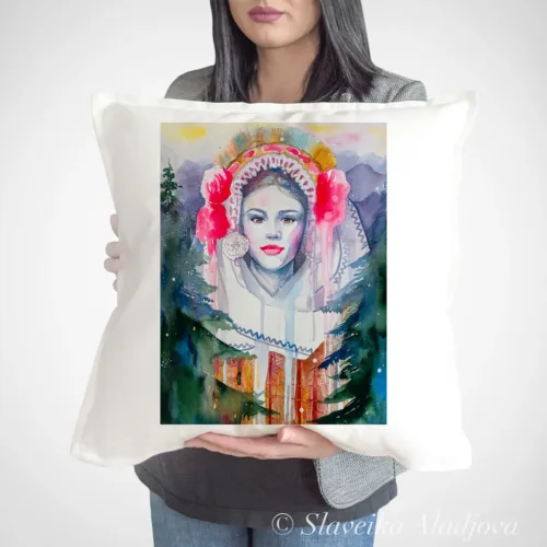 Maiden in a Festive Costume from the Pirin Region Art Pillow Cover, Watercolor Cushion 50 × 50 cm Maiden in a Festive Costume from the Pirin Region watercolor painting printed on a 50 x 50 cm cotton art pillow cover by Slaveika Aladjova