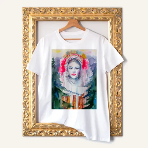 Maiden in a Festive Costume from the Pirin Region T-Shirt, Watercolor Art Tee Maiden in a Festive Costume from the Pirin Region watercolor painting printed on a white cotton T-shirt by Slaveika Aladjova