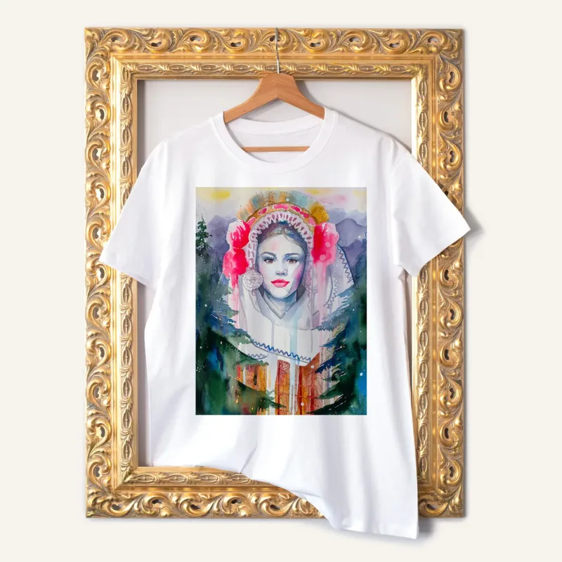 Maiden in a Festive Costume from the Pirin Region watercolor painting printed on a white cotton T-shirt by Slaveika Aladjova