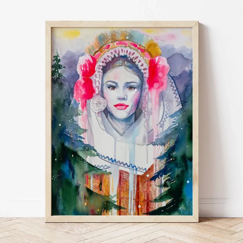 Maiden in a Festive Costume from the Pirin Region watercolor painting the artwork on the T-shirt by Slaveika Aladjova