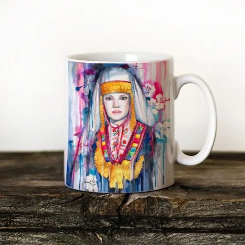 Maiden in a Festive Costume from Thrace Art Mug, Watercolor Ceramic Mug 11 oz Maiden in a Festive Costume from Thrace watercolor painting printed on an 11 oz ceramic art mug by Slaveika Aladjova
