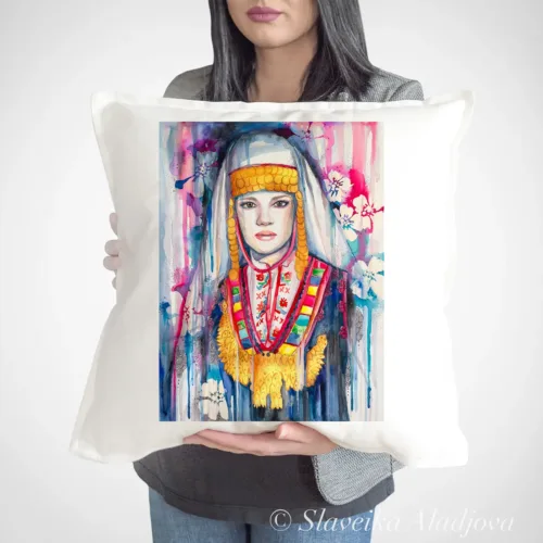 Maiden in a Festive Costume from Thrace Art Pillow Cover, Watercolor Cushion 50 × 50 cm Maiden in a Festive Costume from Thrace watercolor painting printed on a 50 x 50 cm cotton art pillow cover by Slaveika Aladjova