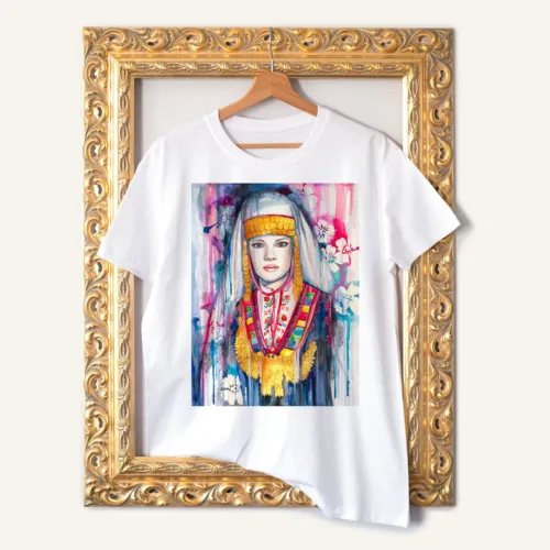 Maiden in a Festive Costume from Thrace T-Shirt, Watercolor Art Tee Maiden in a Festive Costume from Thrace watercolor painting printed on a white cotton T-shirt by Slaveika Aladjova
