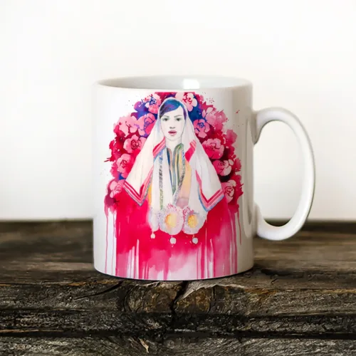 Maiden in a Festive Costume with Roses Art Mug, Watercolor Ceramic Mug 11 oz Maiden in a Festive Costume with Roses watercolor painting printed on an 11 oz ceramic art mug by Slaveika Aladjova