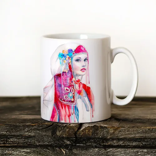 Maiden in a Festive Folk Costume Art Mug, Watercolor Ceramic Mug 11 oz Maiden in a Festive Folk Costume watercolor painting printed on an 11 oz ceramic art mug by Slaveika Aladjova