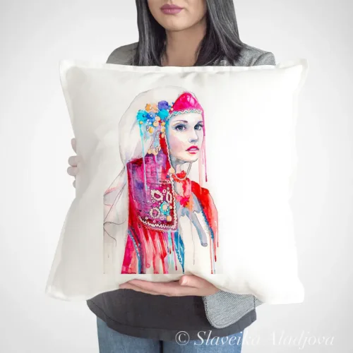 Maiden in a Festive Folk Costume Art Pillow Cover, Watercolor Cushion 50 × 50 cm Maiden in a Festive Folk Costume watercolor painting printed on a 50 x 50 cm cotton art pillow cover by Slaveika Aladjova