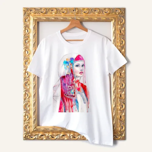 Maiden in a Festive Folk Costume T-Shirt, Watercolor Art Tee Maiden in a Festive Folk Costume watercolor painting printed on a white cotton T-shirt by Slaveika Aladjova