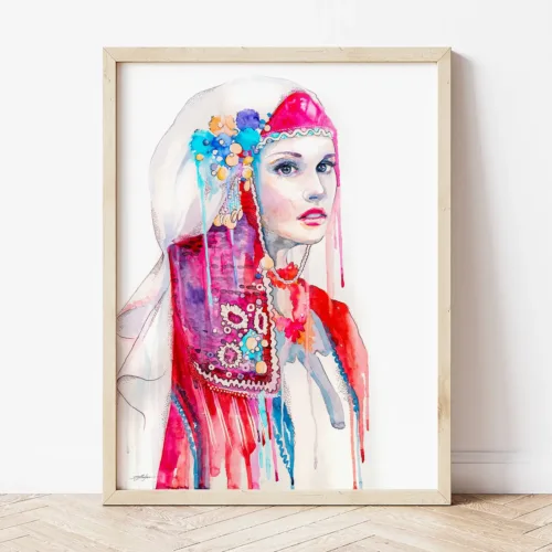 Maiden in a Festive Folk Costume watercolor painting the artwork on the T-shirt by Slaveika Aladjova