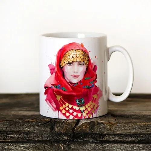 Maiden in a Folk Costume with Gold Jewelry Art Mug, Watercolor Ceramic Mug 11 oz Maiden in a Folk Costume with Gold Jewelry watercolor painting printed on an 11 oz ceramic art mug by Slaveika Aladjova