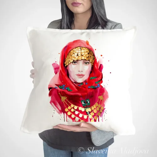 Maiden in a Folk Costume with Gold Jewelry Art Pillow Cover, Watercolor Cushion 50 × 50 cm Maiden in a Folk Costume with Gold Jewelry watercolor painting printed on a 50 x 50 cm cotton art pillow cover by Slaveika Aladjova