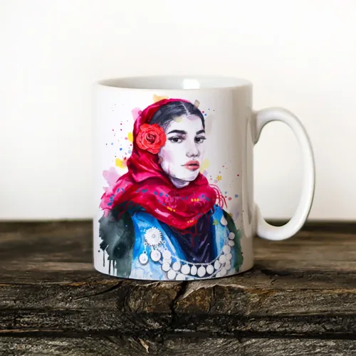 Maiden in a Winter Festive Costume Art Mug, Watercolor Ceramic Mug 11 oz Maiden in a Winter Festive Costume watercolor painting printed on an 11 oz ceramic art mug by Slaveika Aladjova