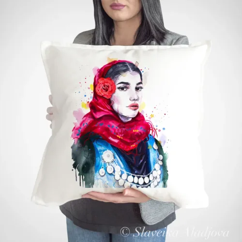 Maiden in a Winter Festive Costume Art Pillow Cover, Watercolor Cushion 50 × 50 cm Maiden in a Winter Festive Costume watercolor painting printed on a 50 x 50 cm cotton art pillow cover by Slaveika Aladjova