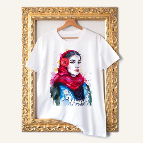 Maiden in a Winter Festive Costume T-Shirt, Watercolor Art Tee Maiden in a Winter Festive Costume watercolor painting printed on a white cotton T-shirt by Slaveika Aladjova