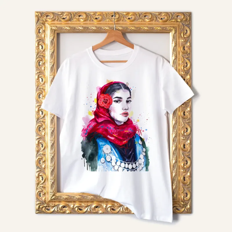Maiden in a Winter Festive Costume watercolor painting printed on a white cotton T-shirt by Slaveika Aladjova