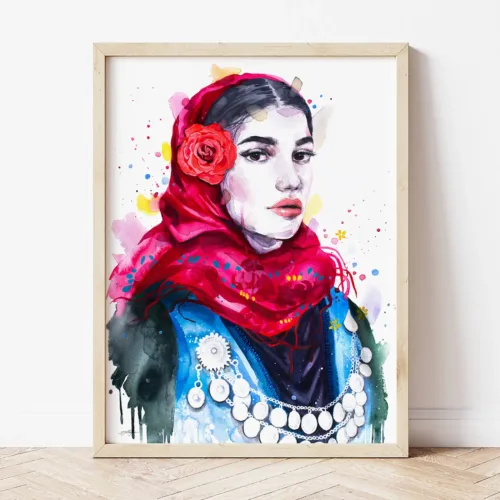 Maiden in a Winter Festive Costume watercolor painting the artwork on the T-shirt by Slaveika Aladjova