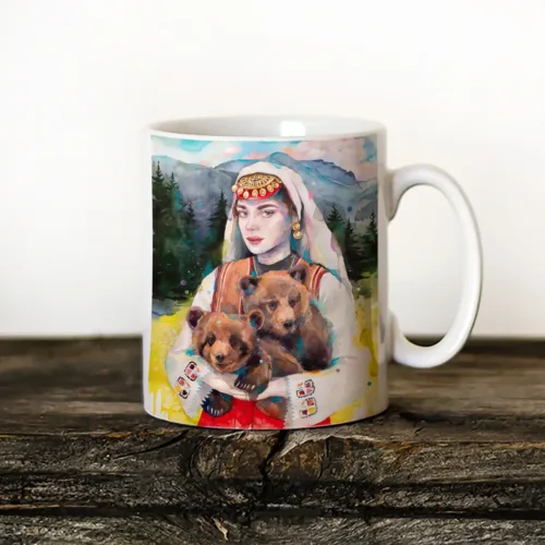 Maiden with Bear Cubs at the Stone Steps in Pirin Art Mug, Watercolor Ceramic Mug 11 oz Maiden with Bear Cubs at the Stone Steps in Pirin watercolor painting printed on an 11 oz ceramic art mug by Slaveika Aladjova