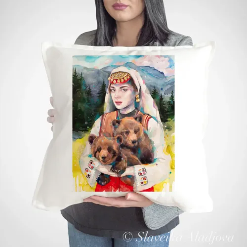 Maiden with Bear Cubs at the Stone Steps in Pirin Art Pillow Cover, Watercolor Cushion 50 × 50 cm Maiden with Bear Cubs at the Stone Steps in Pirin watercolor painting printed on a 50 x 50 cm cotton art pillow cover by Slaveika Aladjova