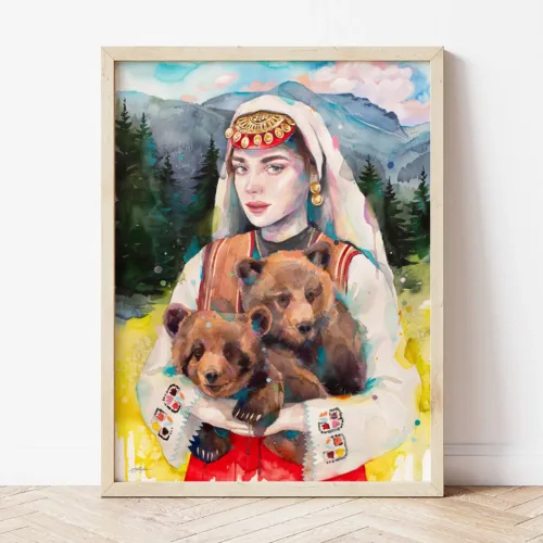 Maiden with Bear Cubs at the Stone Steps in Pirin watercolor painting the artwork on the T-shirt by Slaveika Aladjova
