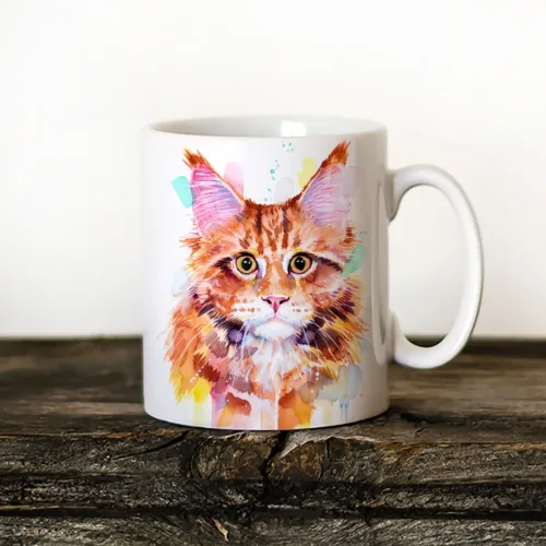 Maine Coon Cat Art Mug, Watercolor Ceramic Mug 11 oz Maine Coon Cat watercolor painting printed on an 11 oz ceramic art mug by Slaveika Aladjova
