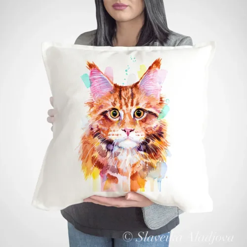 Maine Coon Cat Art Pillow Cover, Watercolor Cushion 50 × 50 cm Maine Coon Cat watercolor painting printed on a 50 x 50 cm cotton art pillow cover by Slaveika Aladjova