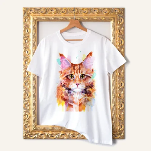 Maine Coon Cat T-Shirt, Watercolor Art Tee Maine Coon Cat watercolor painting printed on a white cotton T-shirt by Slaveika Aladjova