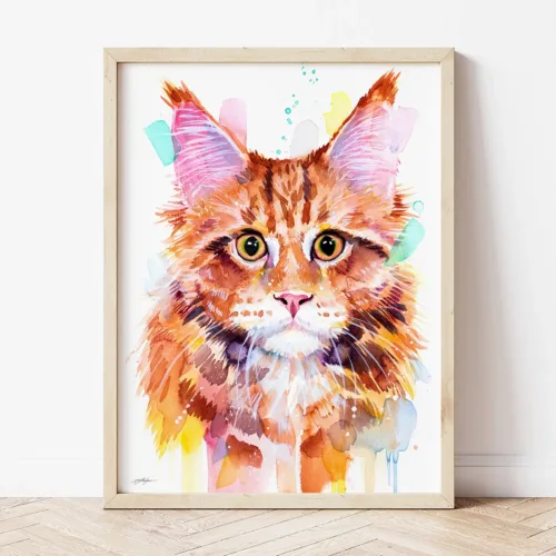 Maine Coon Cat watercolor painting the artwork on the T-shirt by Slaveika Aladjova