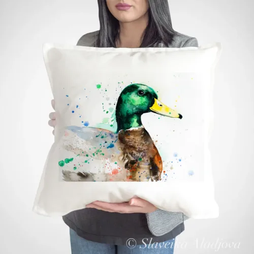 Mallard Duck Art Pillow Cover, Watercolor Cushion 50 × 50 cm Mallard Duck watercolor painting printed on a 50 x 50 cm cotton art pillow cover by Slaveika Aladjova