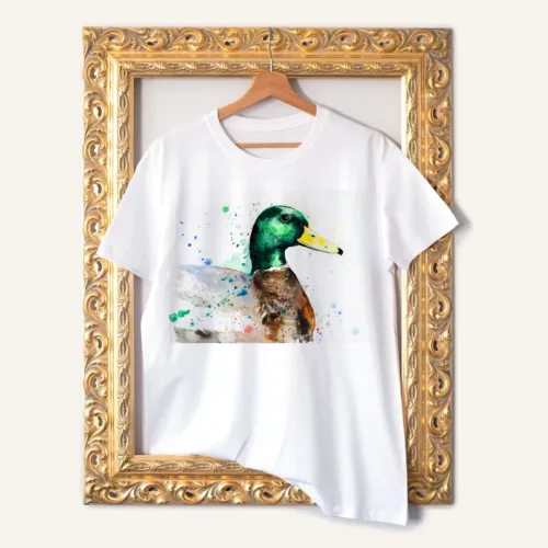 Mallard Duck T-Shirt, Watercolor Art Tee Mallard Duck watercolor painting printed on a white cotton T-shirt by Slaveika Aladjova
